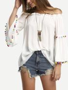 Romwe Off The Shoulder Colored Pompom Trim Blouse