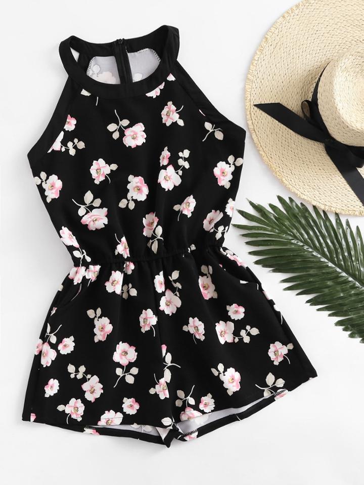 Romwe Floral Print Zip Up Back Romper