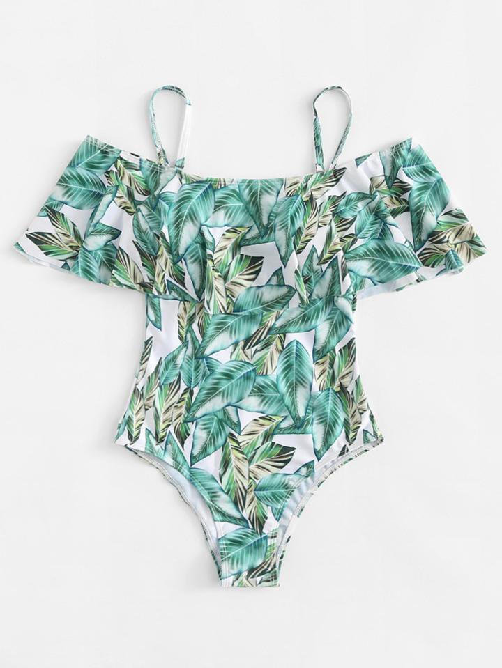 Romwe Leaf Print Flounce Swimsuit