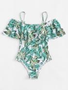 Romwe Leaf Print Flounce Swimsuit