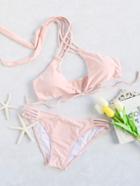 Romwe Pink Crisscross Halter Neck Tie Front Bikini Set