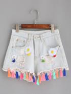 Romwe Ripped Tassel Trimmed Floral Applique Denim Shorts