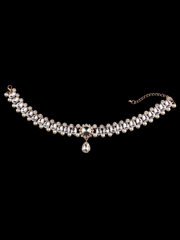Romwe Rhinestone & Faux Pearl Choker Necklace
