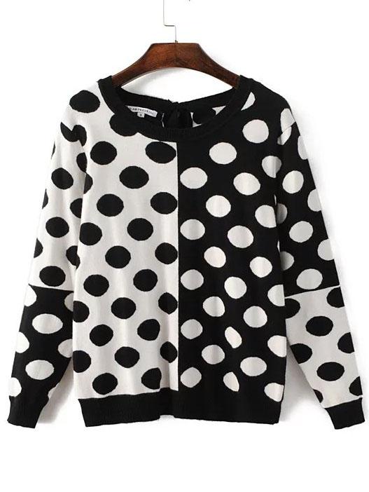 Romwe Black White Polka Dot Pattern Tied Back Knitwear