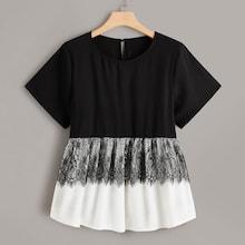 Romwe Plus Contrast Lace Two Tone Blouse