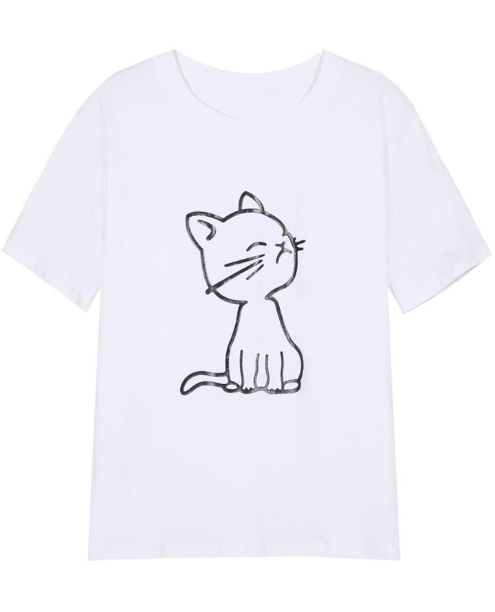 Romwe Round Neck Cat Print Loose T-shirt