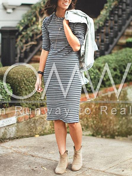 Romwe Grey Striped Crew Neck Knee Length Dress
