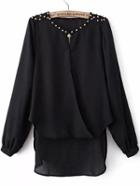 Romwe Black Long Sleeve Rivet Dipped Hem Blouse