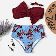 Romwe Bow Decorated Bandeau With Random Floral High Waist Bikini