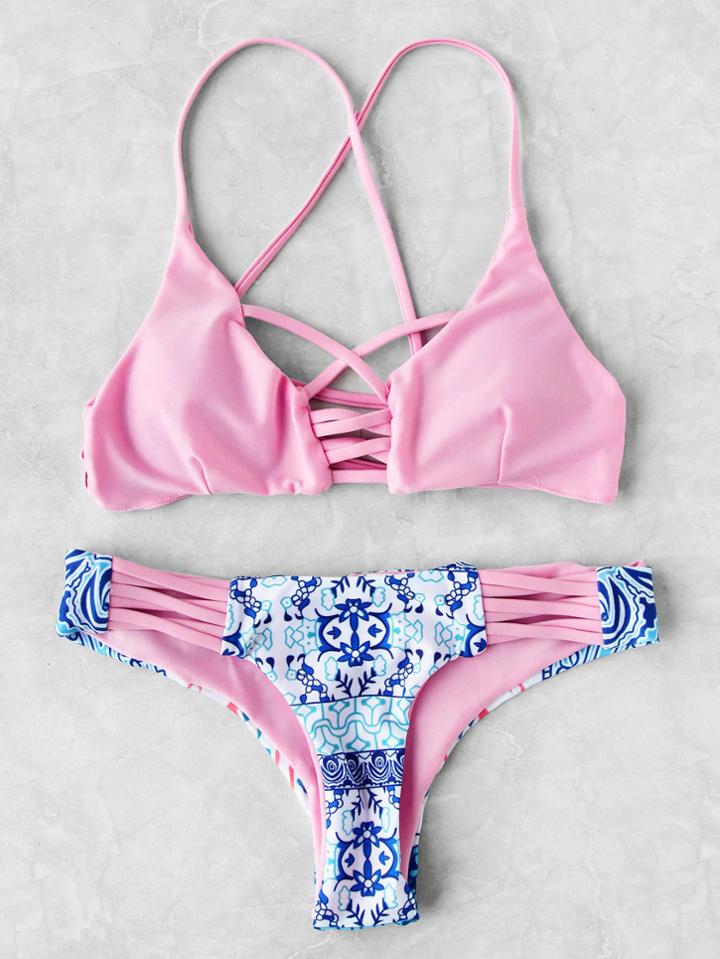 Romwe Contrast Printed Crisscross Bikini Set
