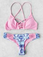 Romwe Contrast Printed Crisscross Bikini Set