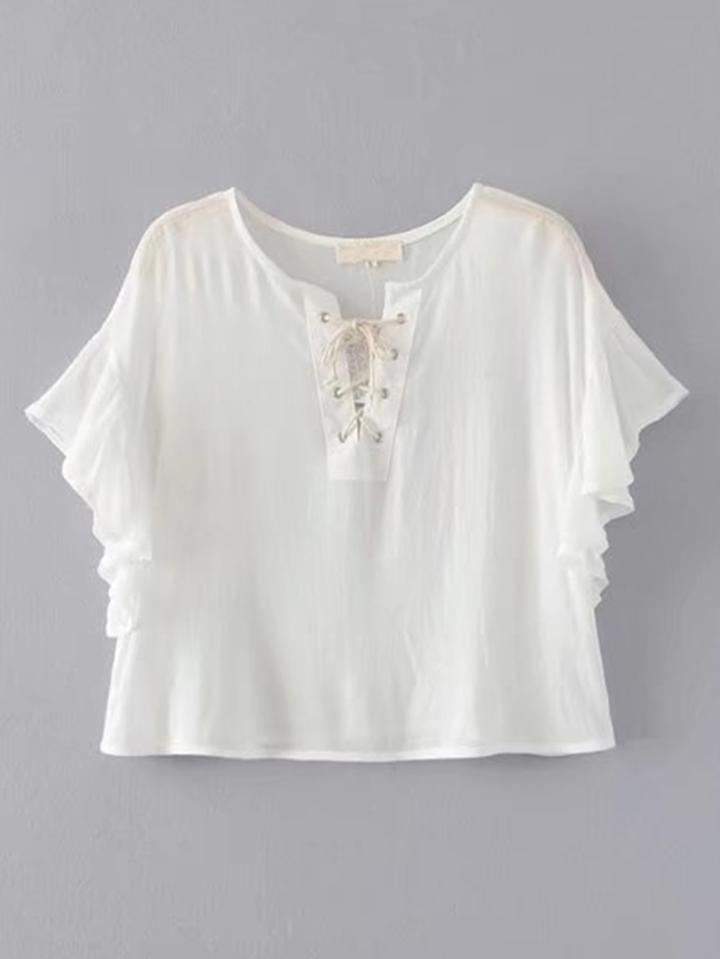 Romwe Frill Trim Eyelet Lace Up Crop Top