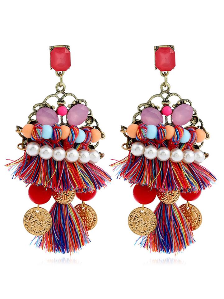 Romwe Faux Pearl & Tassel Design Drop Earrings