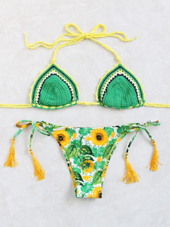 Romwe Green Sunflower Print Fringe Bikini Set With Knit Top