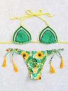 Romwe Green Sunflower Print Fringe Bikini Set With Knit Top