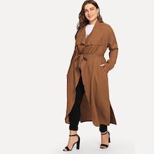 Romwe Plus Waterfall Belted Longline Coat