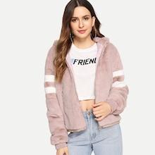 Romwe Zip Front Striped Hoodie Faux Fur Coat