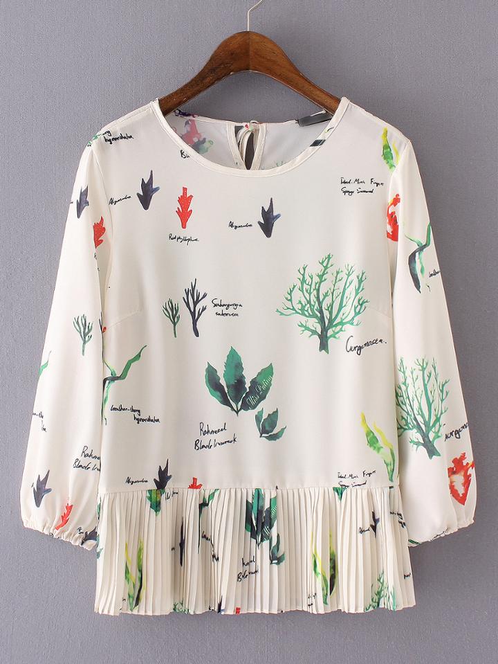 Romwe Beige Printed Elastic Cuff Broomstick Blouse