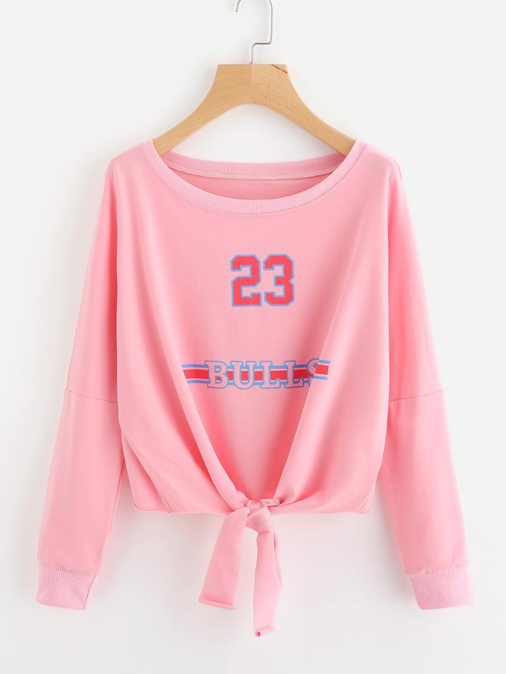Romwe Letter Print Knot Front Sweatshirt