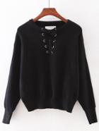 Romwe Black Elastic Cuff Lace Up Sweater