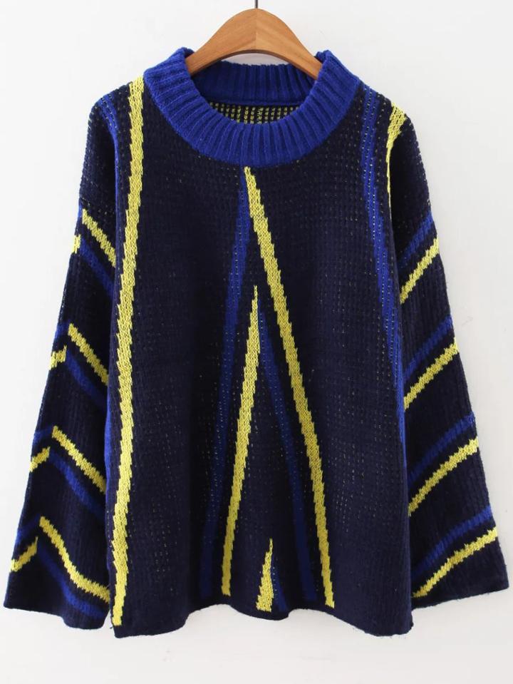 Romwe Navy Striped Crew Neck Side Slit Sweater