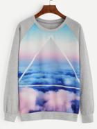 Romwe Heather Grey Cloud Sky Print Raglan Sleeve Sweatshirt