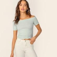 Romwe Lettuce Trim Rib-knit Striped Bardot Tee