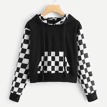 Romwe Plaid Kangaroo Pocket Hoodie Sweatshirt