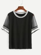 Romwe Contrast Striped Trim Mesh Sleeve T-shirt - Black