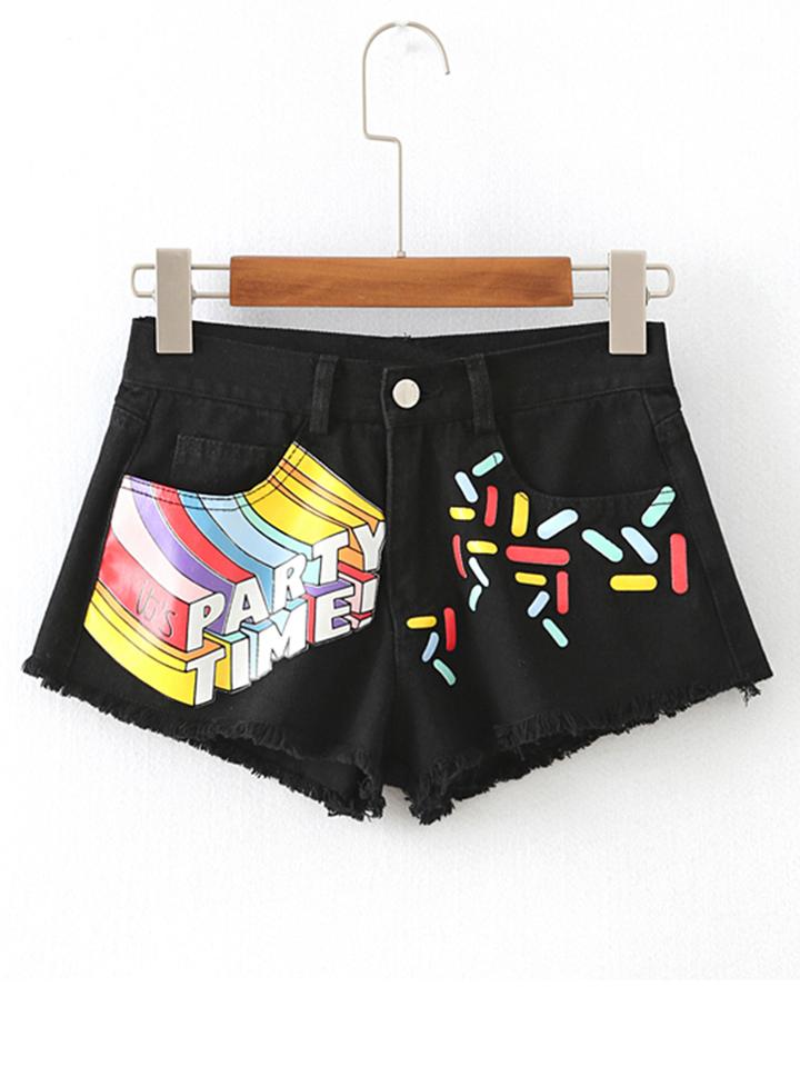 Romwe Raw Hem Printed Denim Shorts