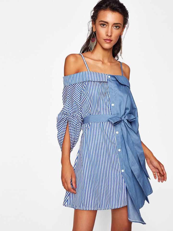 Romwe Striped Contrast Cold Shoulder Tie Waist Dress