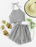 Romwe Halter Neck Striped Bow Open Back And Shorts Set