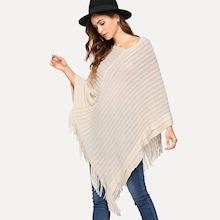 Romwe Fringe Trim Asymmetric Hem Poncho