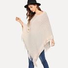 Romwe Fringe Trim Asymmetric Hem Poncho