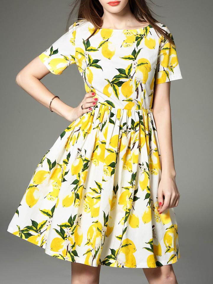 Romwe White Crew Neck Lemon A-line Dress