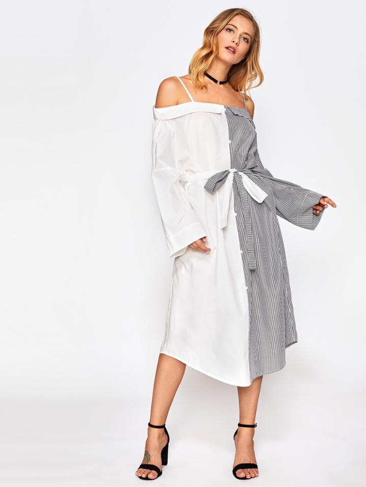 Romwe Open Shoulder Contrast Striped Curved Hem Dress