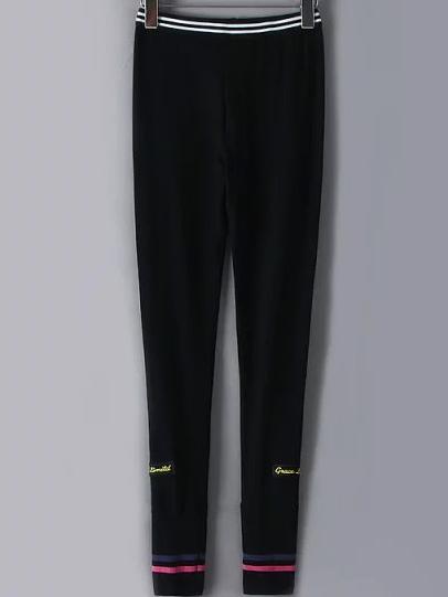 Romwe Elastic Waist Striped Letter Embroidered Black Leggings