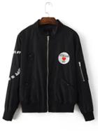 Romwe Black Embroidered Patch Bomber Jacket