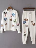 Romwe Butterfly Embroidered Top With Drawstring White Pant