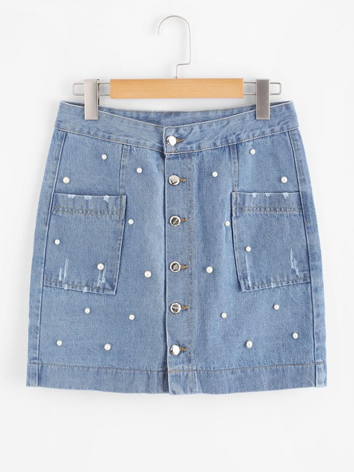 Romwe Faux Pearl Beading Button Front Denim Skirt