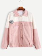 Romwe Pink Embroidery Patch Hidded Button Jacket