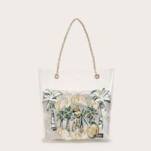 Romwe Tropical Print Tote Bag With Glitter Inner Pouch 2pcs