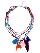 Romwe Multicolor Tassel Feather Layered Beaded Statement Necklace