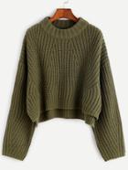 Romwe Olive Green Drop Shoulder Slit Crop Sweater