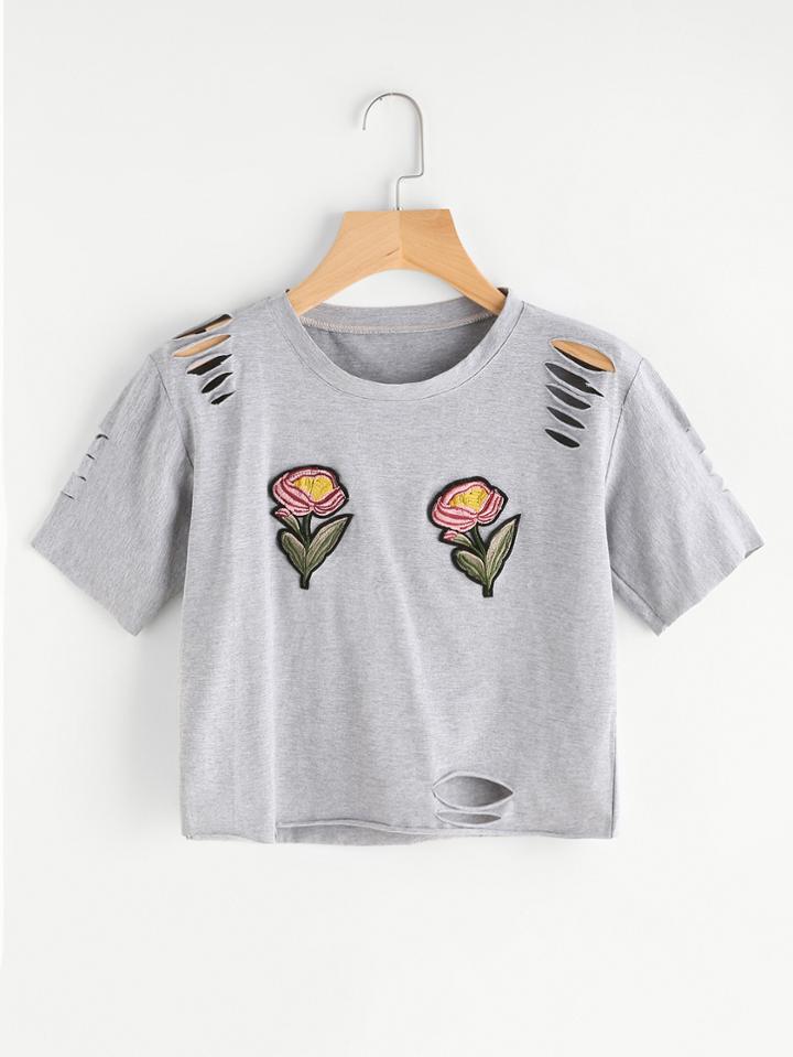 Romwe Distressed Flower Patches Crop Tee