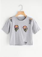 Romwe Distressed Flower Patches Crop Tee