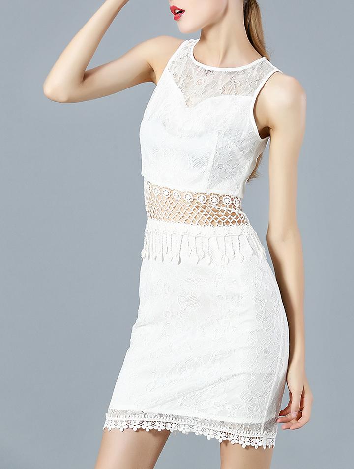 Romwe White Round Neck Sleeveless Contrast Gauze Lace Dress