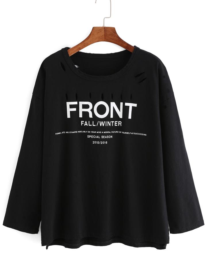 Romwe Ripped Split Letter Print T-shirt