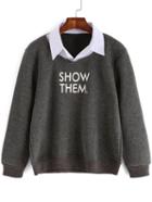 Romwe Contrast Collar Letters Print Grey Sweatshirt
