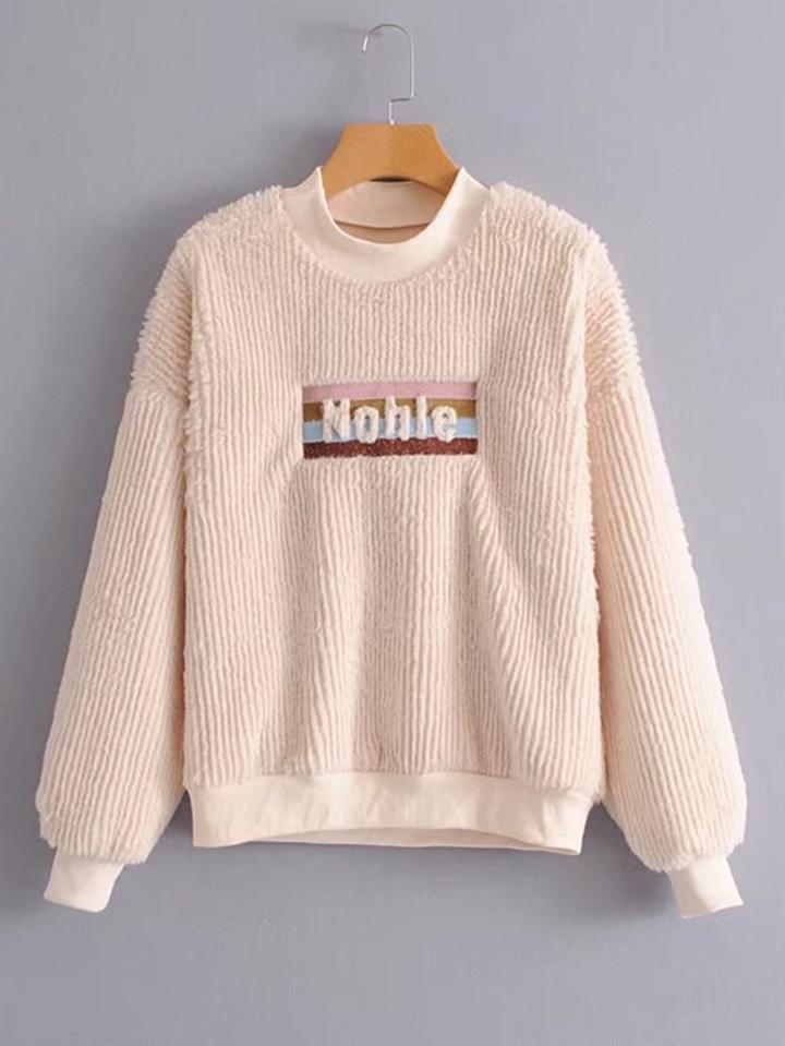 Romwe Slogan Detail Fuzzy Sweatshirt